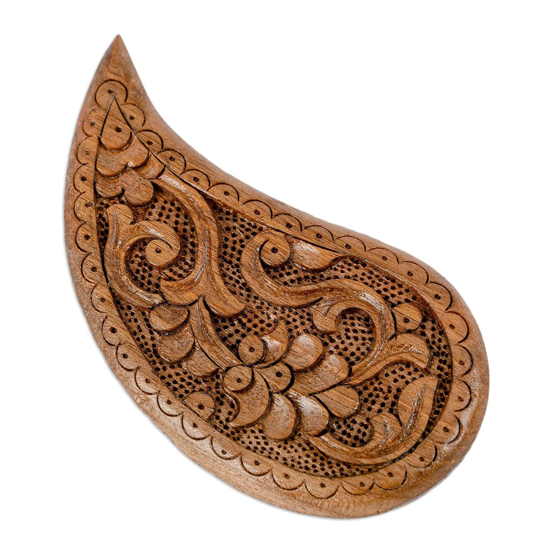 Hand-Carved Paisley-Shaped Floral Walnut Wood Magnet - The Paisley Eden