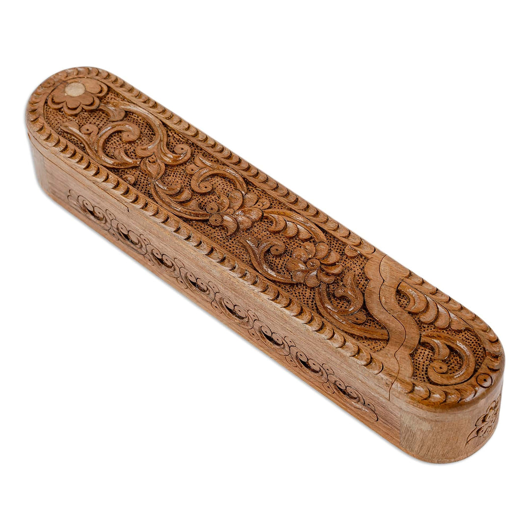 Hand-Carved Oblong Floral Walnut Wood Puzzle Box - Oblong Paradise
