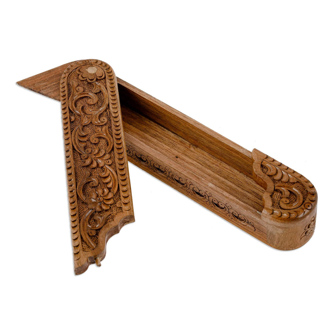 Hand-Carved Oblong Floral Walnut Wood Puzzle Box - Oblong Paradise