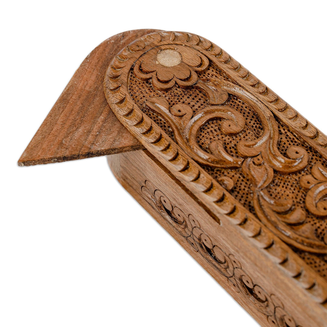 Hand-Carved Oblong Floral Walnut Wood Puzzle Box - Oblong Paradise