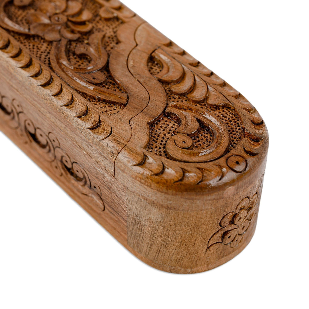 Hand-Carved Oblong Floral Walnut Wood Puzzle Box - Oblong Paradise