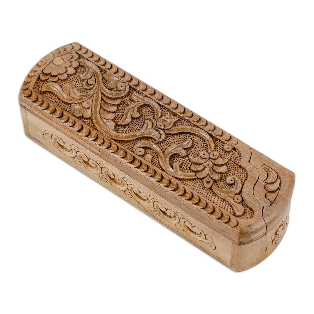 Hand-Carved Rectangle Floral Walnut Wood Puzzle Box - Rectangle Paradise