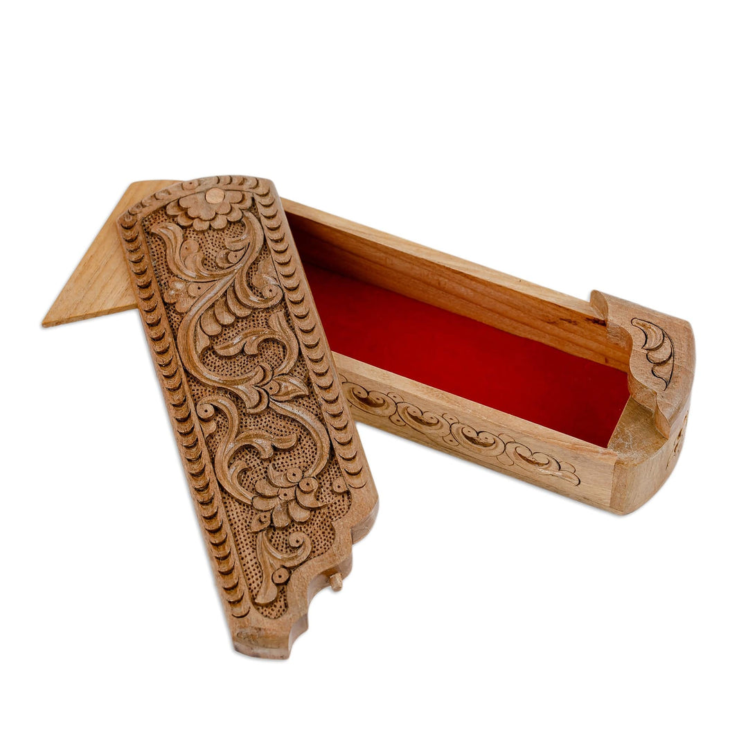 Hand-Carved Rectangle Floral Walnut Wood Puzzle Box - Rectangle Paradise