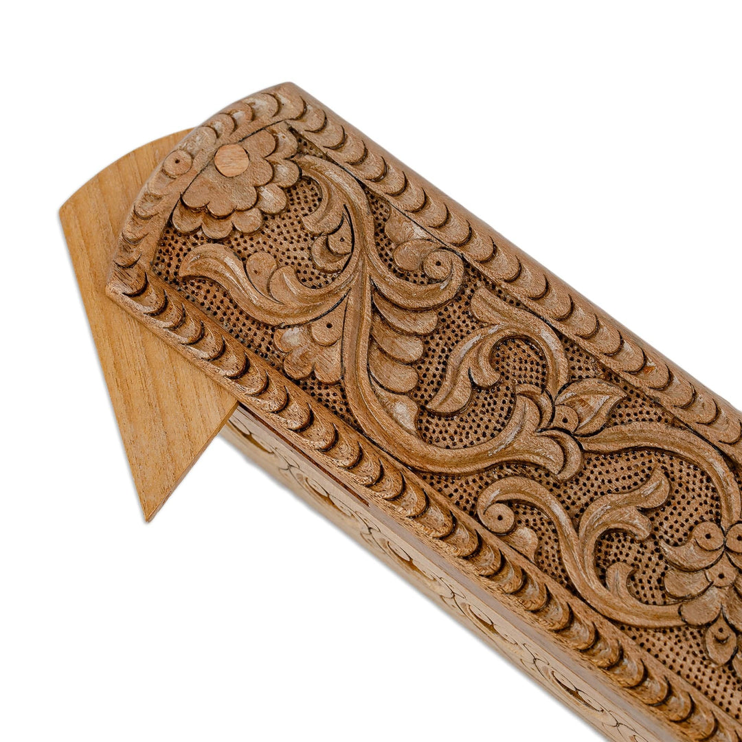 Hand-Carved Rectangle Floral Walnut Wood Puzzle Box - Rectangle Paradise