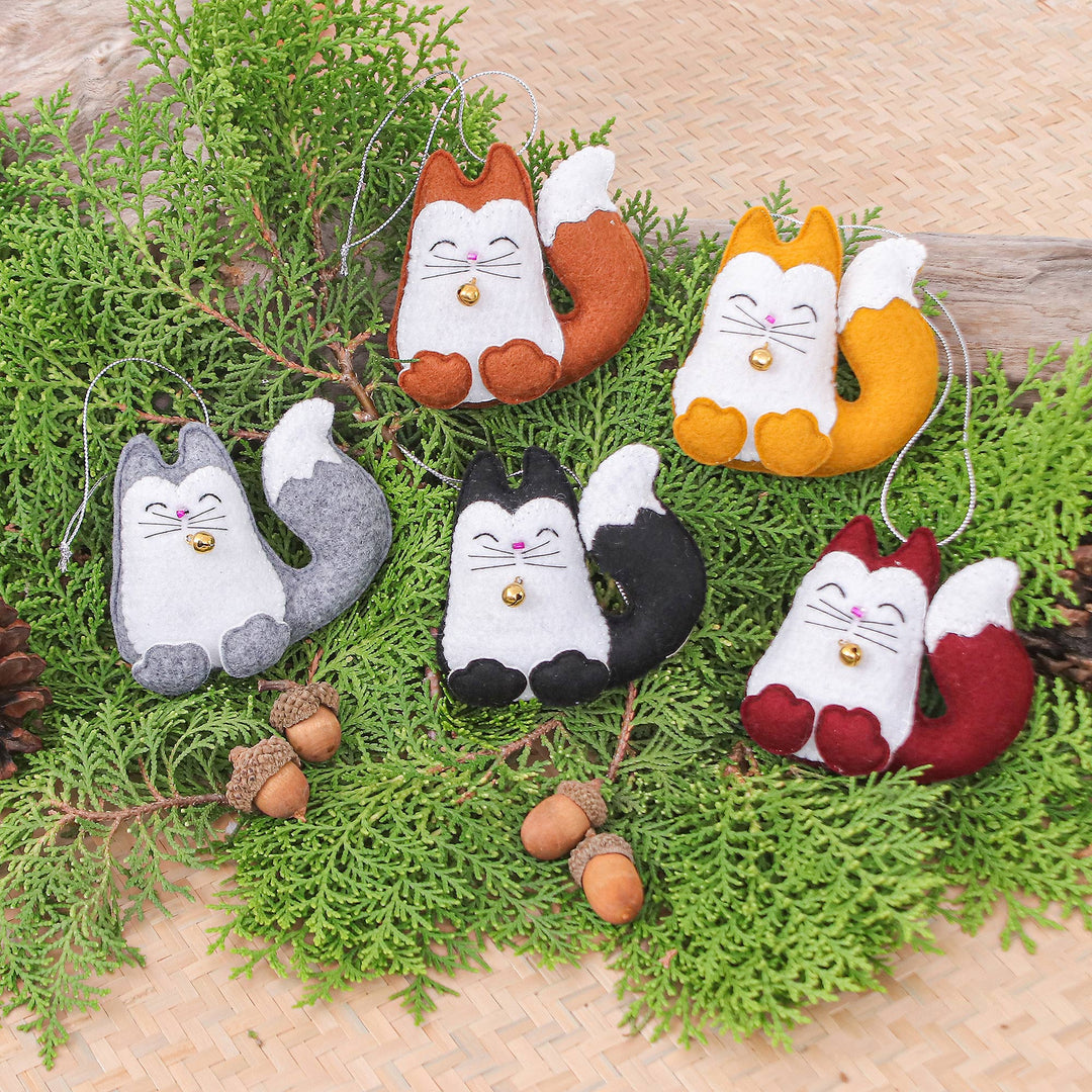Set of Five Handcrafted Felt Cat Ornaments with Golden Bells - Colorful Meows