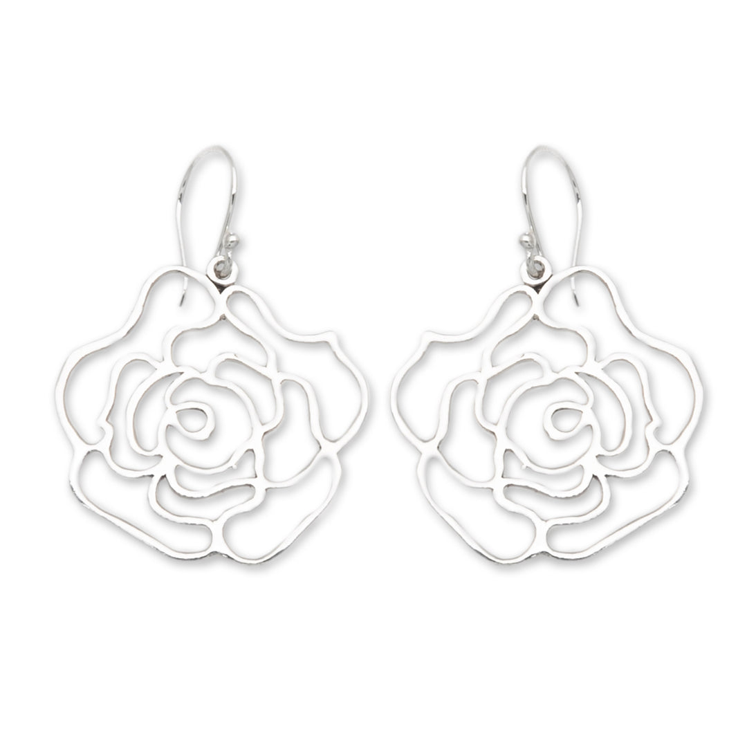High-Polished Rose-Shaped Sterling Silver Dangle Earrings - Romantic Silhouette