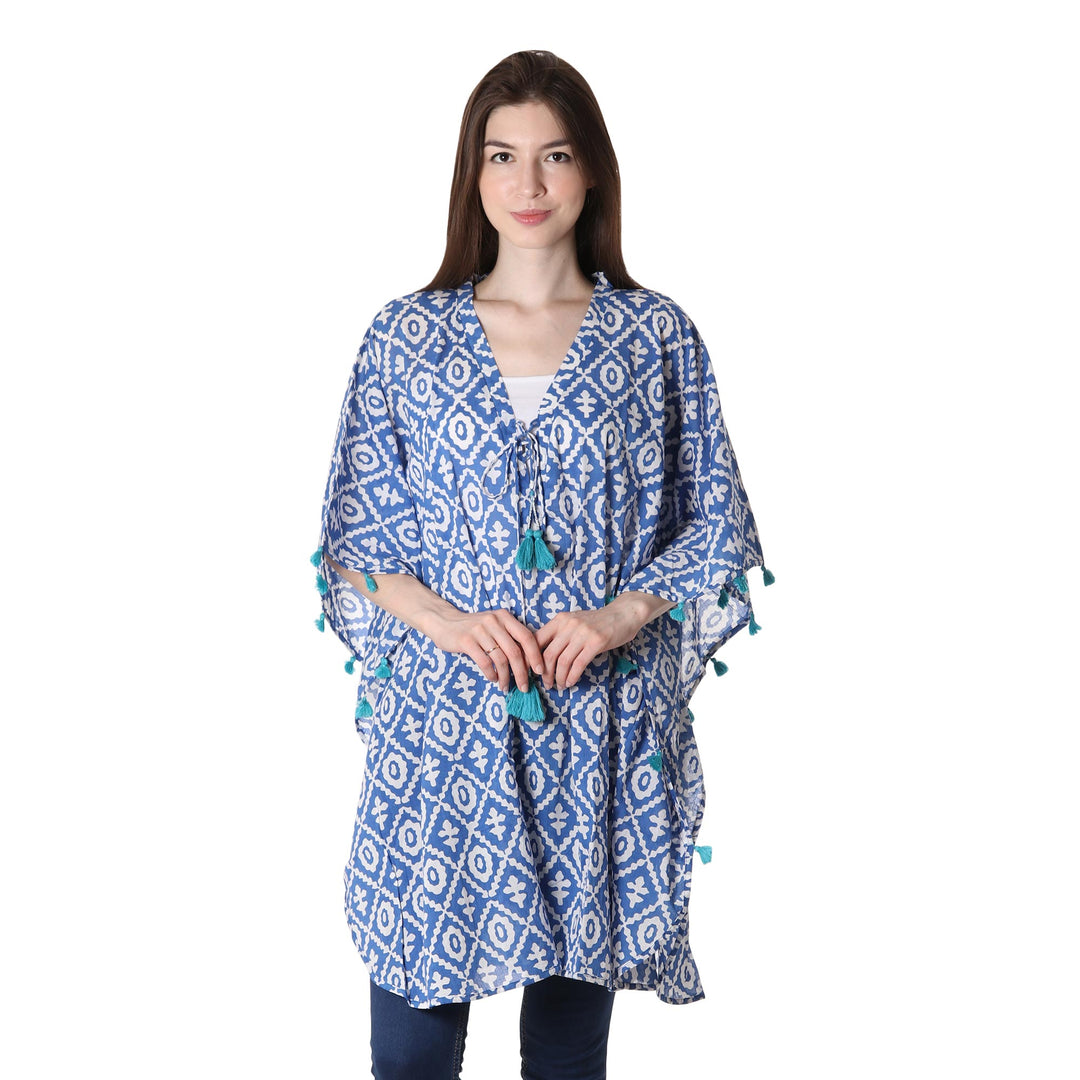 Blue and White Diamond-Shaped Tasseled Cotton Caftan - Blue Resort