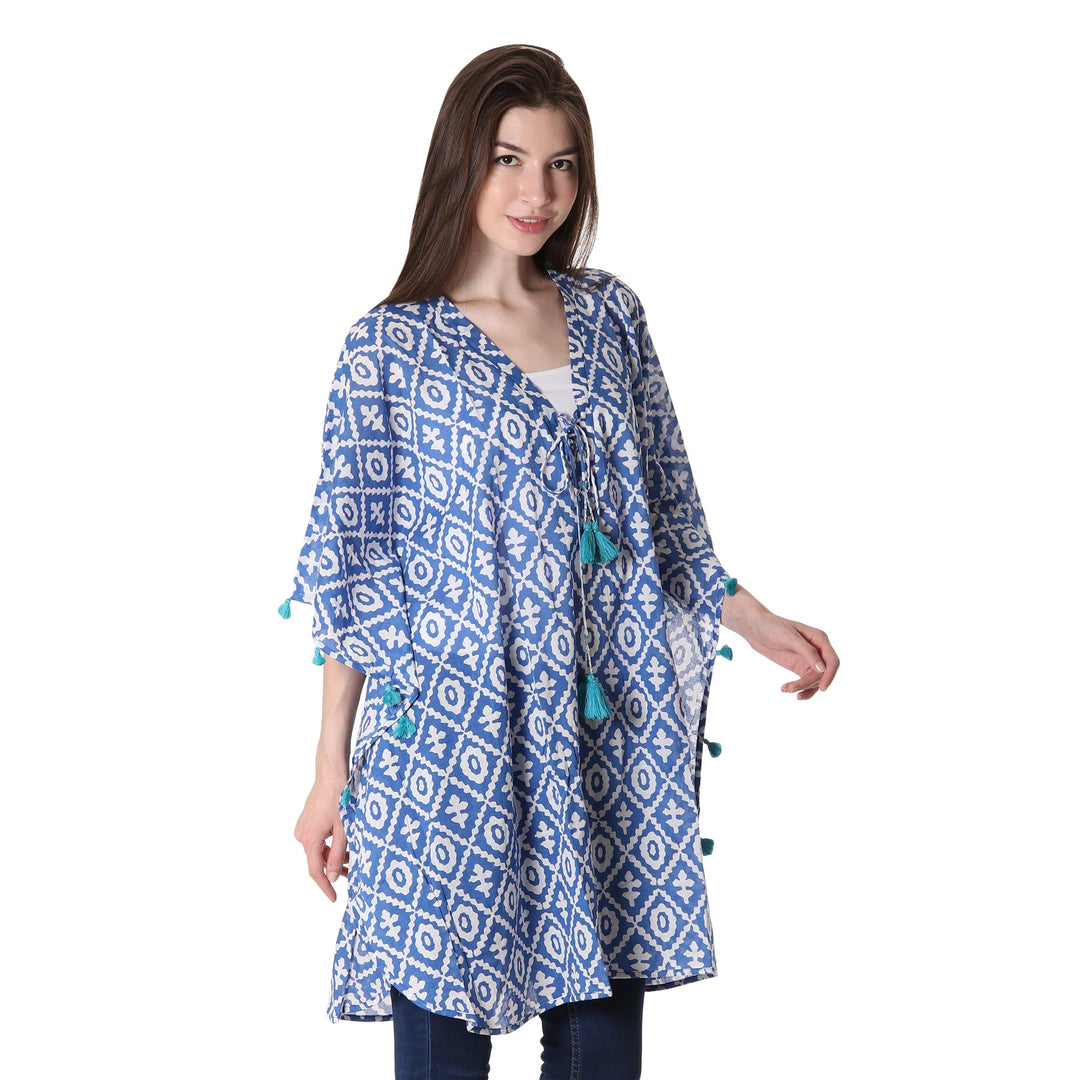 Blue and White Diamond-Shaped Tasseled Cotton Caftan - Blue Resort