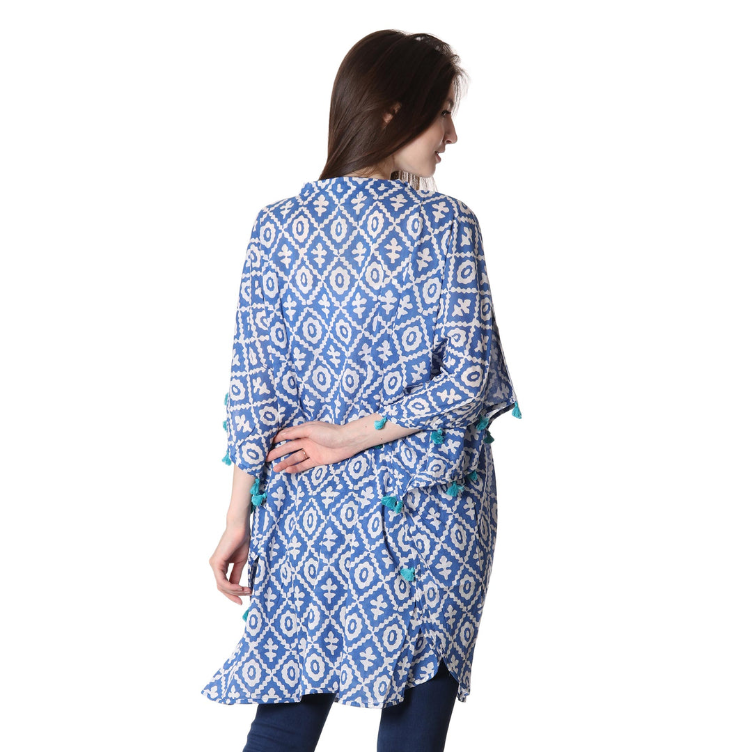 Blue and White Diamond-Shaped Tasseled Cotton Caftan - Blue Resort