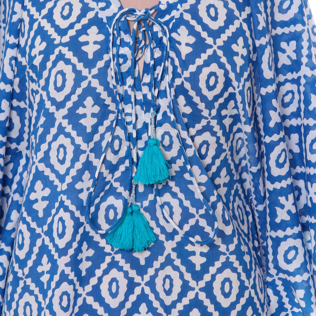 Blue and White Diamond-Shaped Tasseled Cotton Caftan - Blue Resort