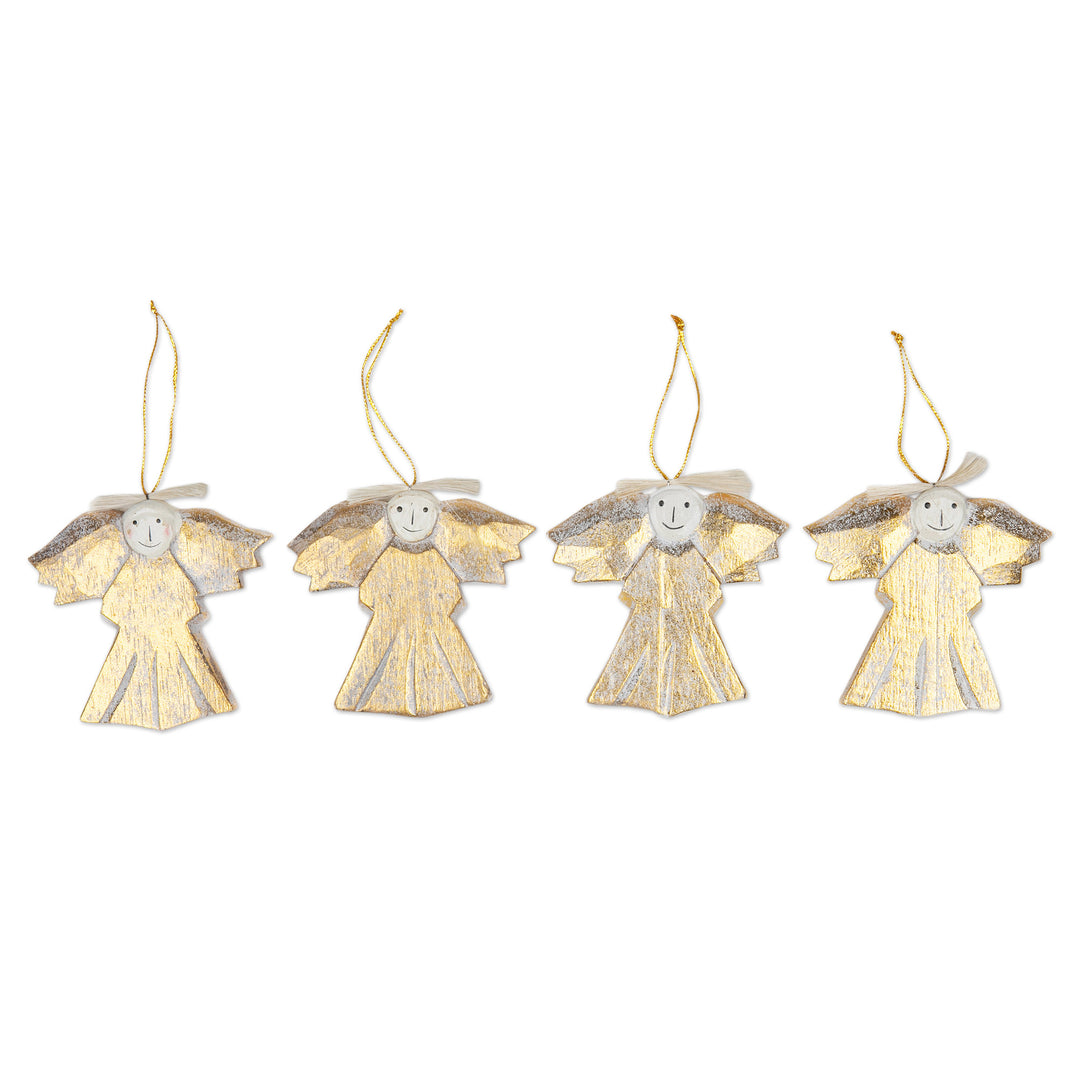 4 Wood Angel Holiday Ornaments with Distressed Finish - Cheerful Angels