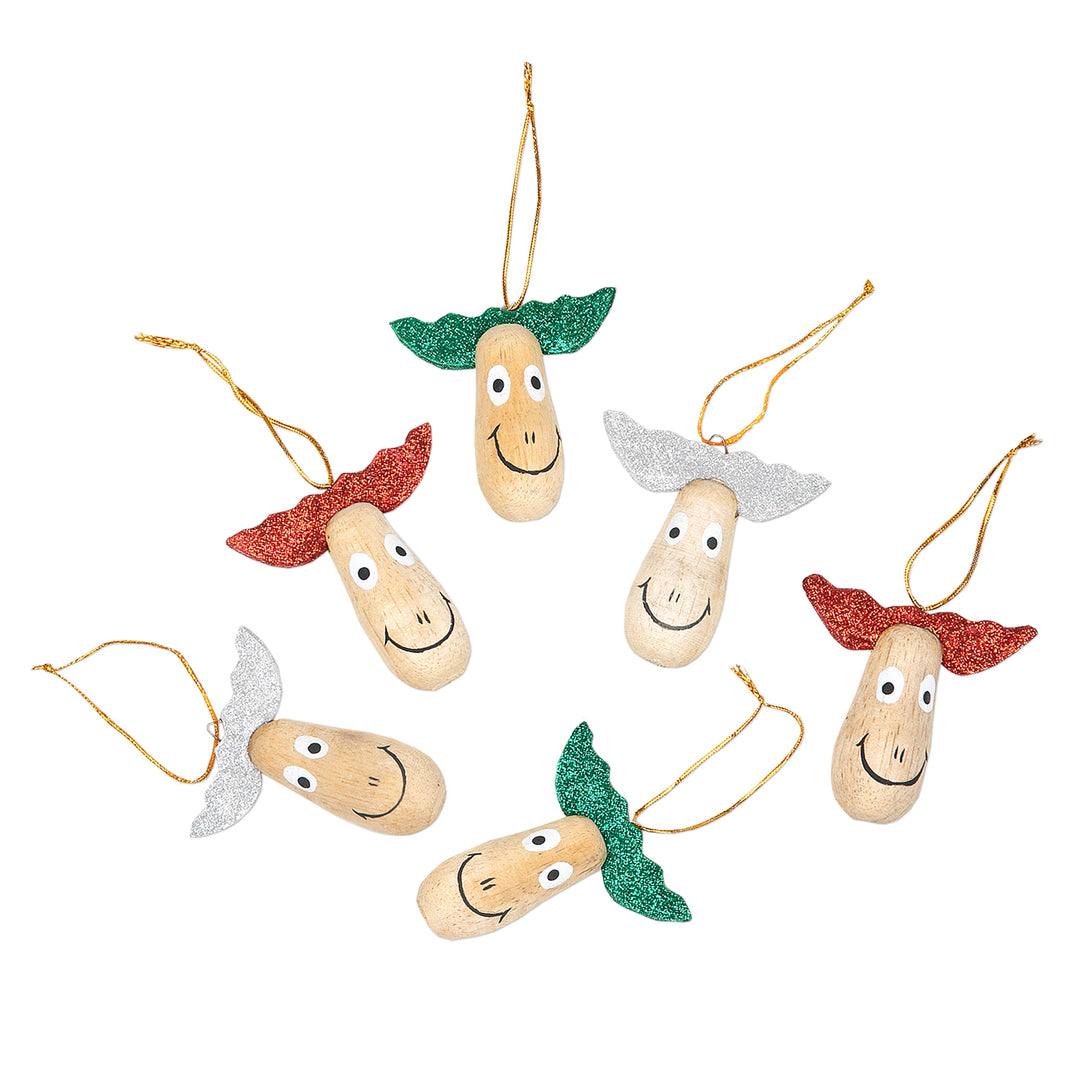 6 Wood Holiday Reindeer Ornaments with Glitter Accents - Joyful Reindeer