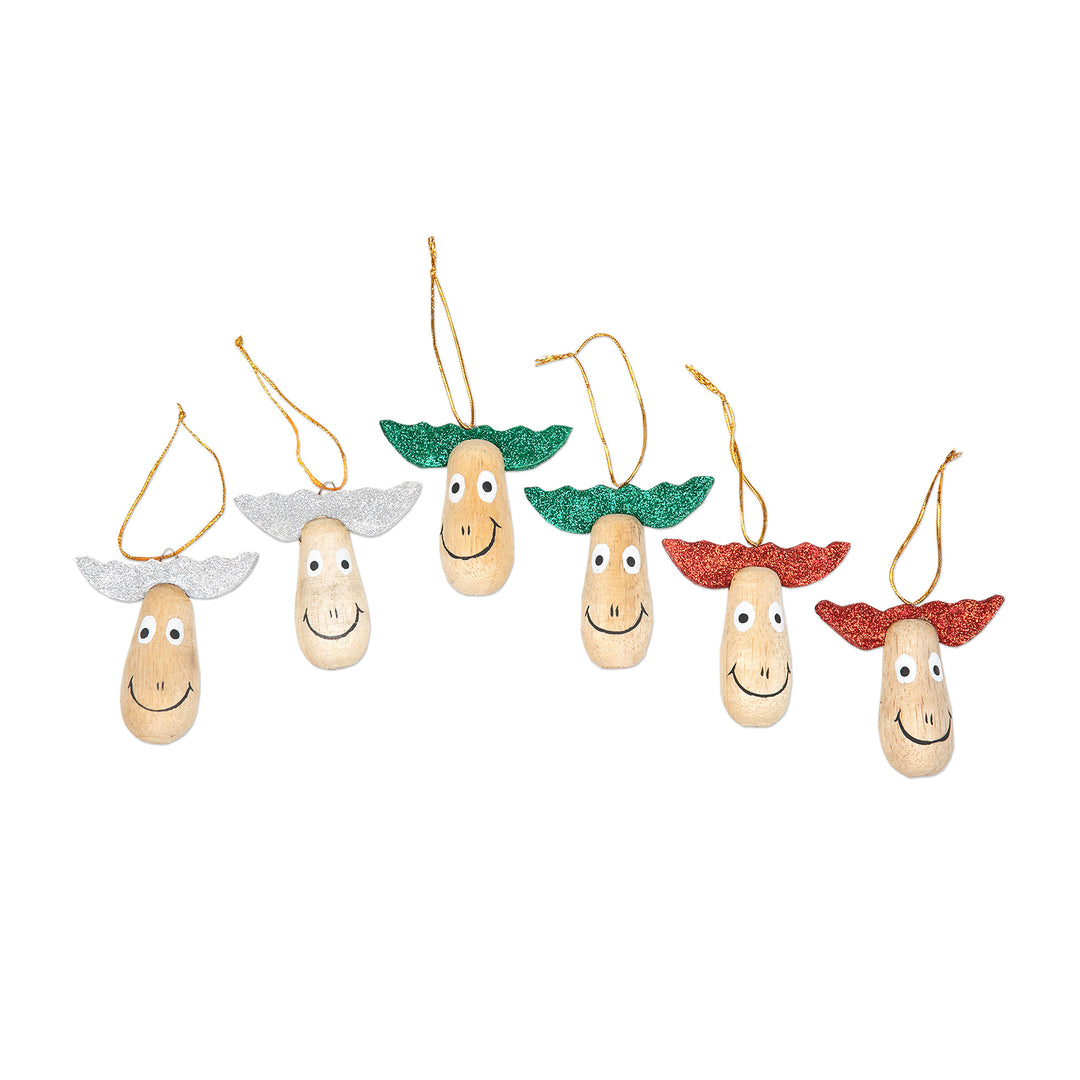 6 Wood Holiday Reindeer Ornaments with Glitter Accents - Joyful Reindeer