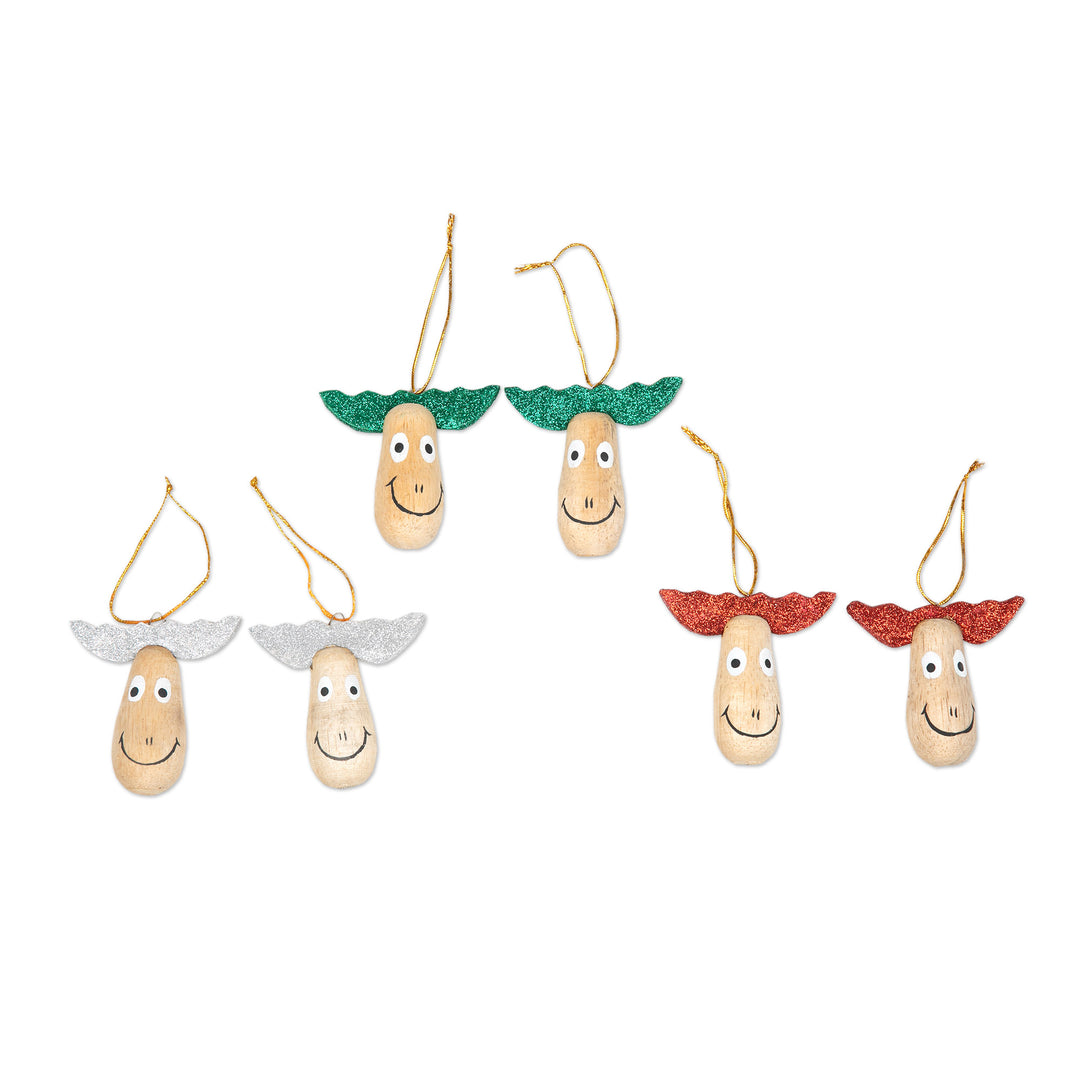 6 Wood Holiday Reindeer Ornaments with Glitter Accents - Joyful Reindeer