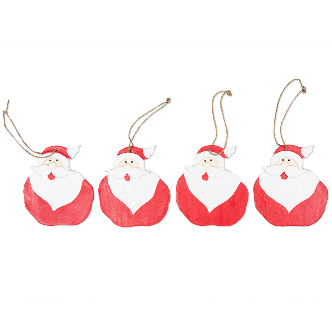 Set of 4 Hand-Painted Wood Santa Holiday Ornaments - Happy Santas