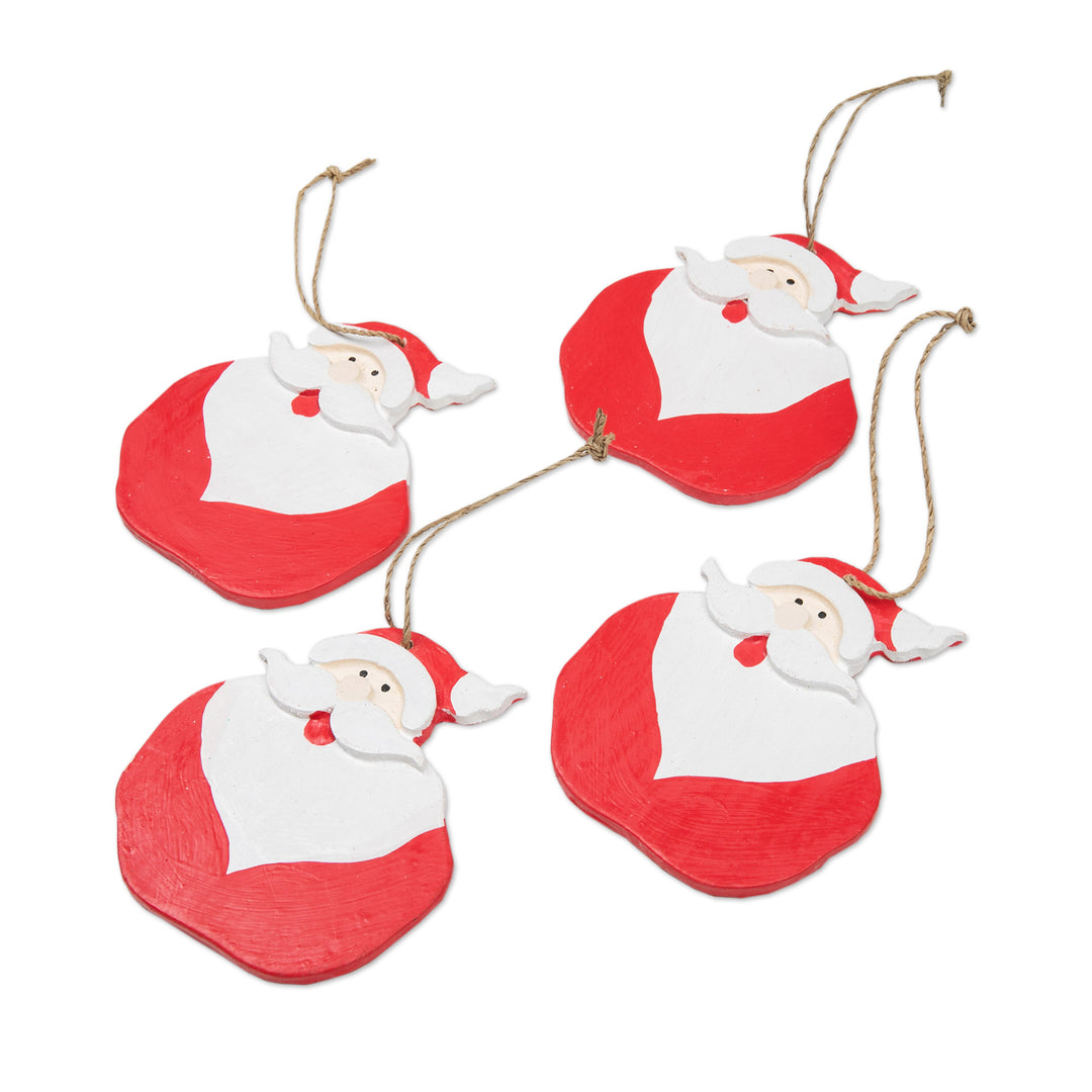 Set of 4 Hand-Painted Wood Santa Holiday Ornaments - Happy Santas
