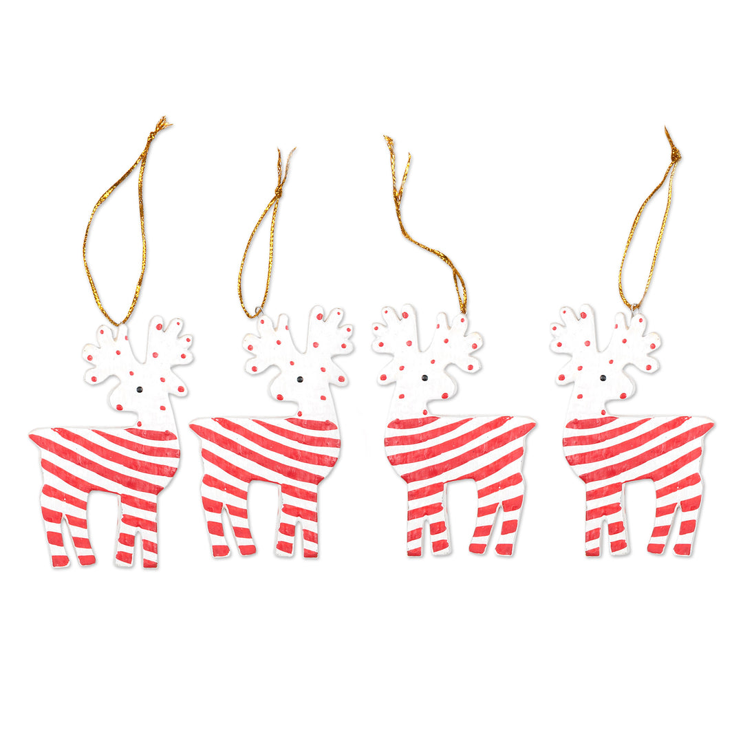 Set of 4 Hand-Painted Wood Holiday Reindeer Ornaments - Merry Reindeer