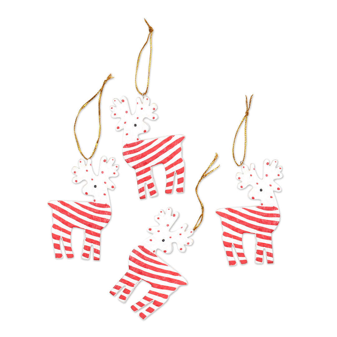 Set of 4 Hand-Painted Wood Holiday Reindeer Ornaments - Merry Reindeer