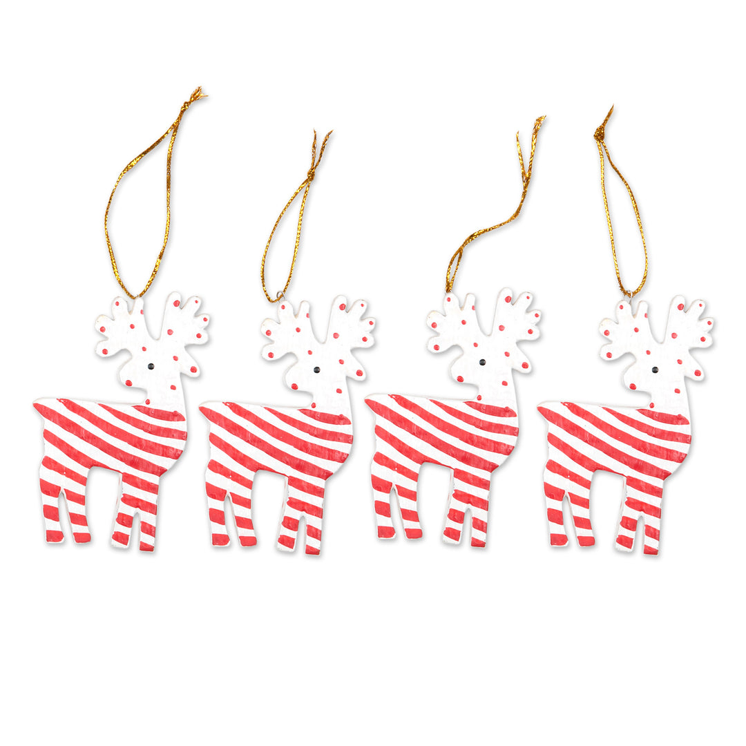 Set of 4 Hand-Painted Wood Holiday Reindeer Ornaments - Merry Reindeer