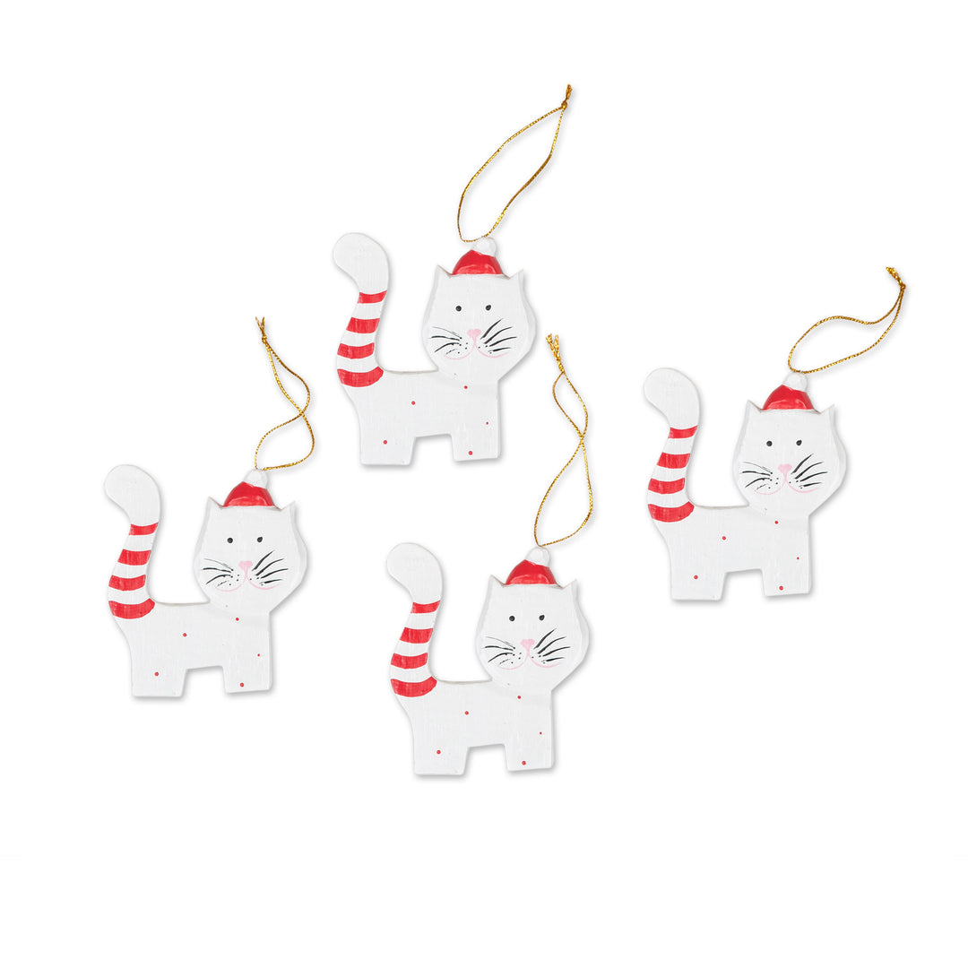Set of 4 Hand-Painted Albesia Wood Cat Ornaments - Merry Felines
