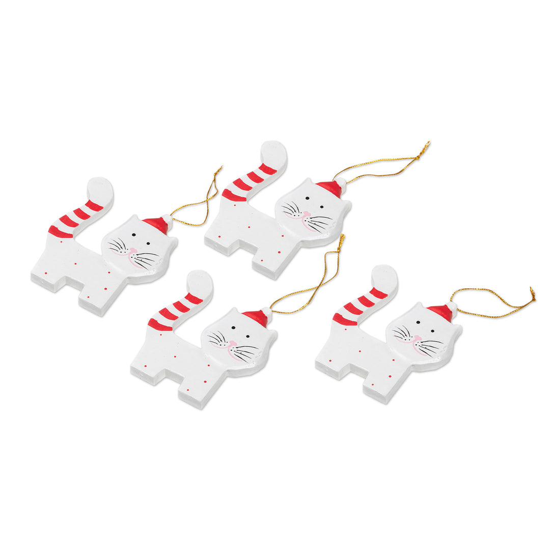 Set of 4 Hand-Painted Albesia Wood Cat Ornaments - Merry Felines