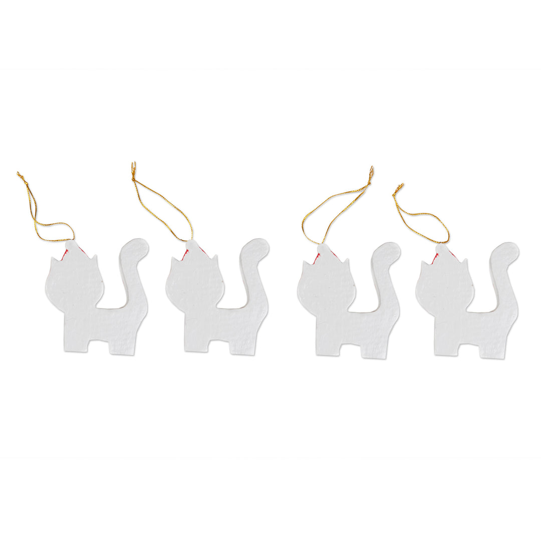 Set of 4 Hand-Painted Albesia Wood Cat Ornaments - Merry Felines