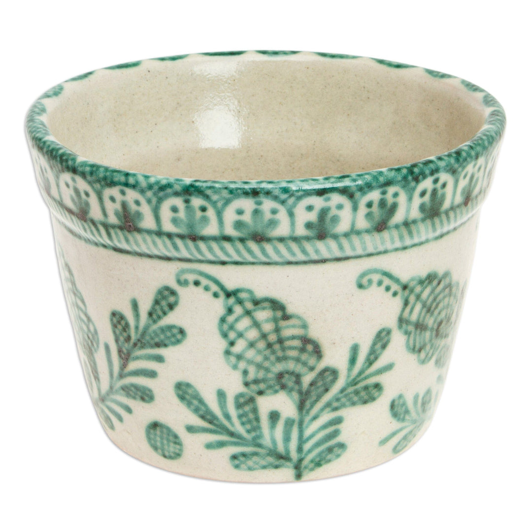 Talavera-Style Floral Ceramic Planter in Ivory and Green - Green Floral Mystique
