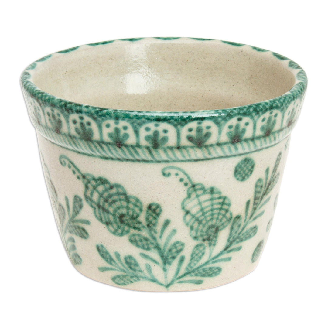 Talavera-Style Floral Ceramic Planter in Ivory and Green - Green Floral Mystique