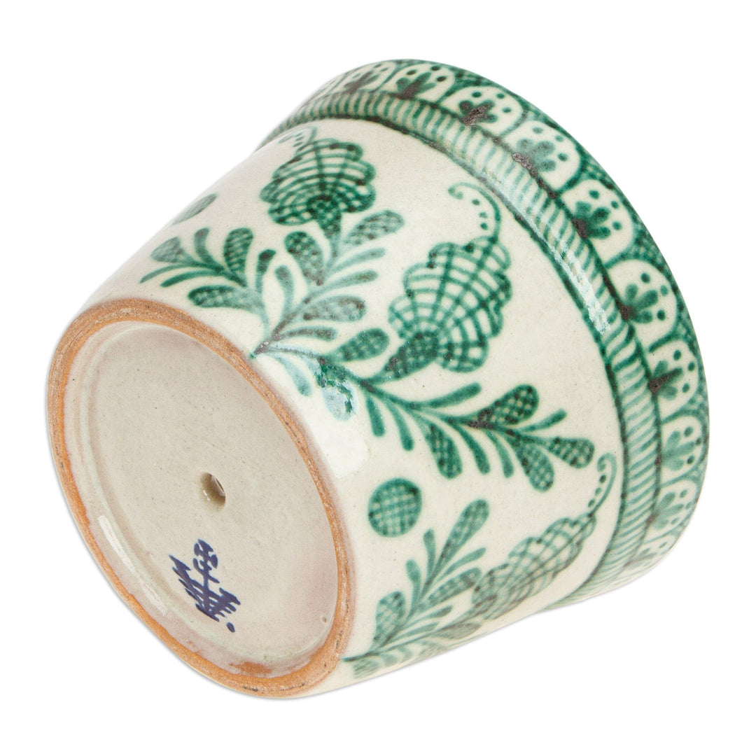 Talavera-Style Floral Ceramic Planter in Ivory and Green - Green Floral Mystique
