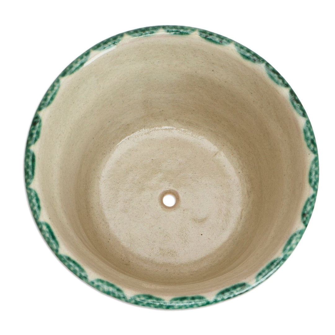 Talavera-Style Floral Ceramic Planter in Ivory and Green - Green Floral Mystique