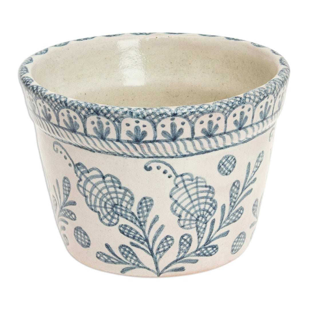Talavera-Style Floral Ceramic Planter in Ivory and Blue - Blue Floral Mystique