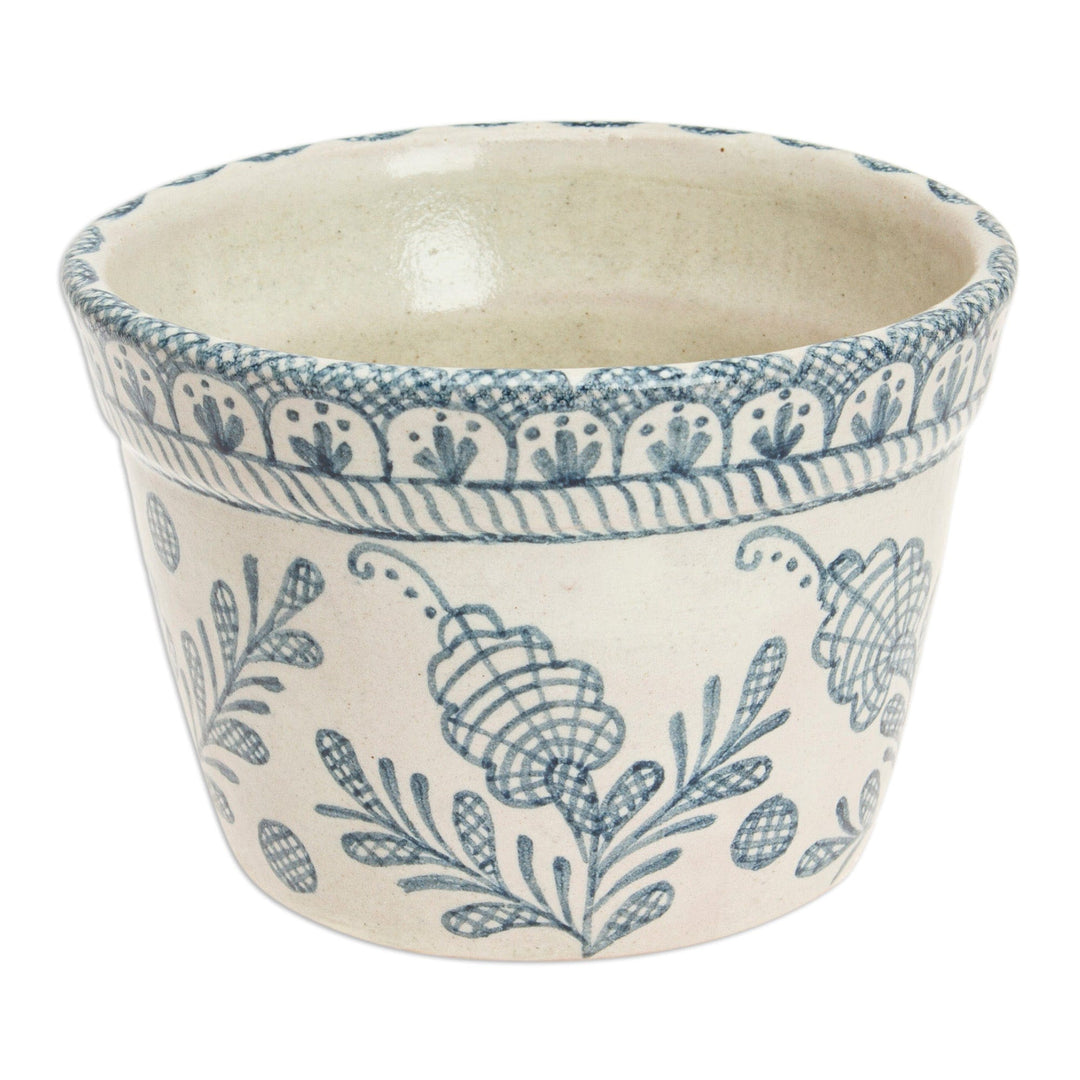 Talavera-Style Floral Ceramic Planter in Ivory and Blue - Blue Floral Mystique