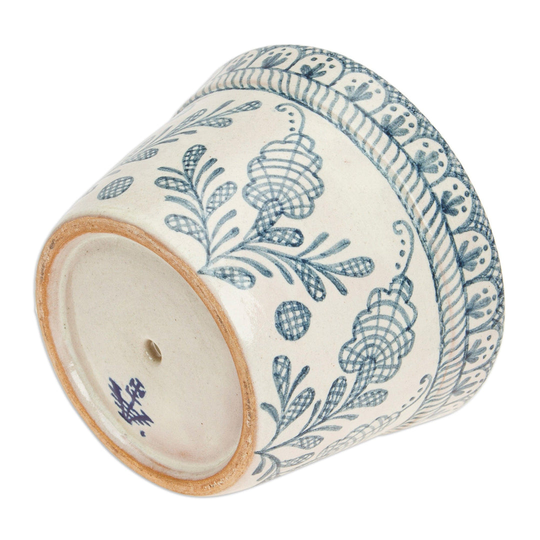 Talavera-Style Floral Ceramic Planter in Ivory and Blue - Blue Floral Mystique