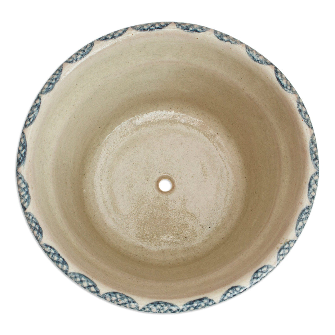 Talavera-Style Floral Ceramic Planter in Ivory and Blue - Blue Floral Mystique