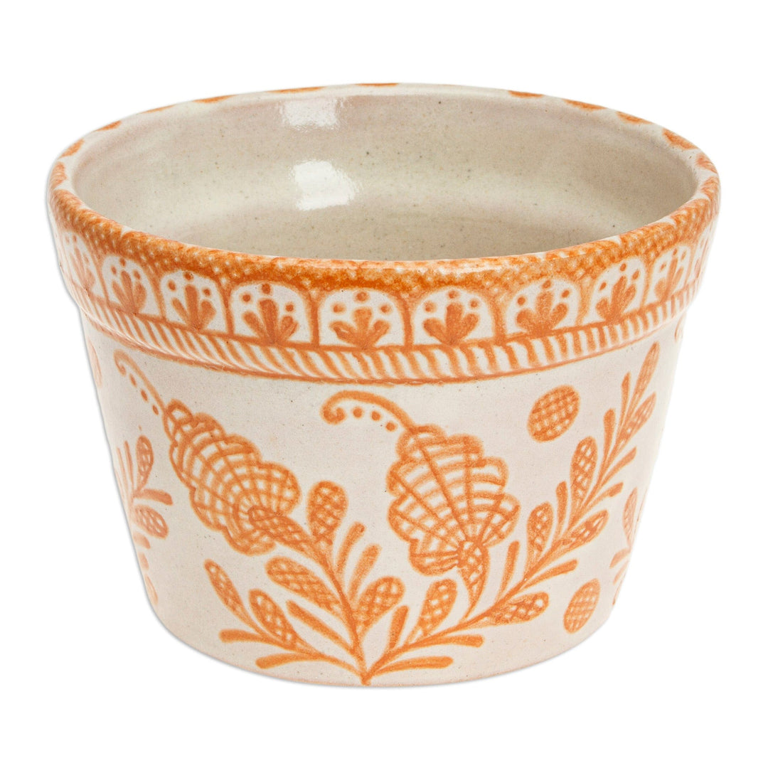 Talavera-Style Floral Ceramic Planter in Ivory and Orange - Orange Floral Mystique
