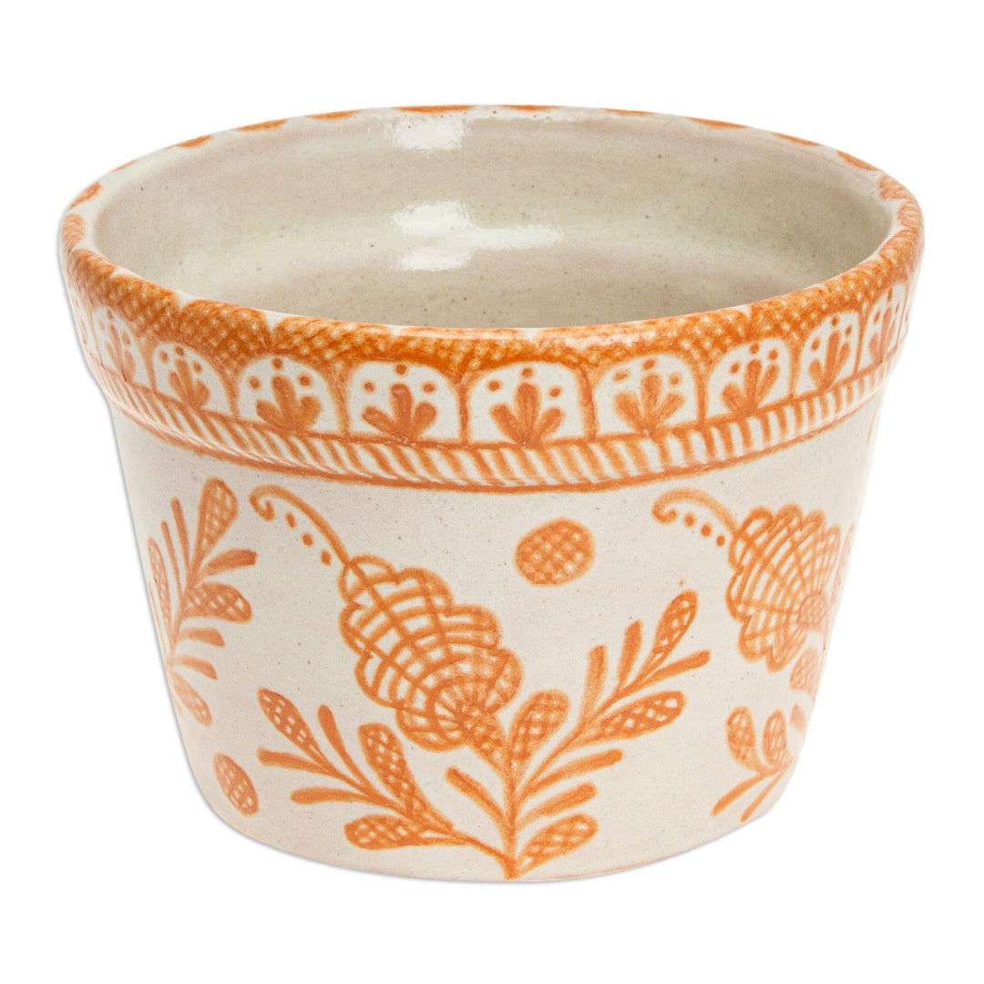 Talavera-Style Floral Ceramic Planter in Ivory and Orange - Orange Floral Mystique