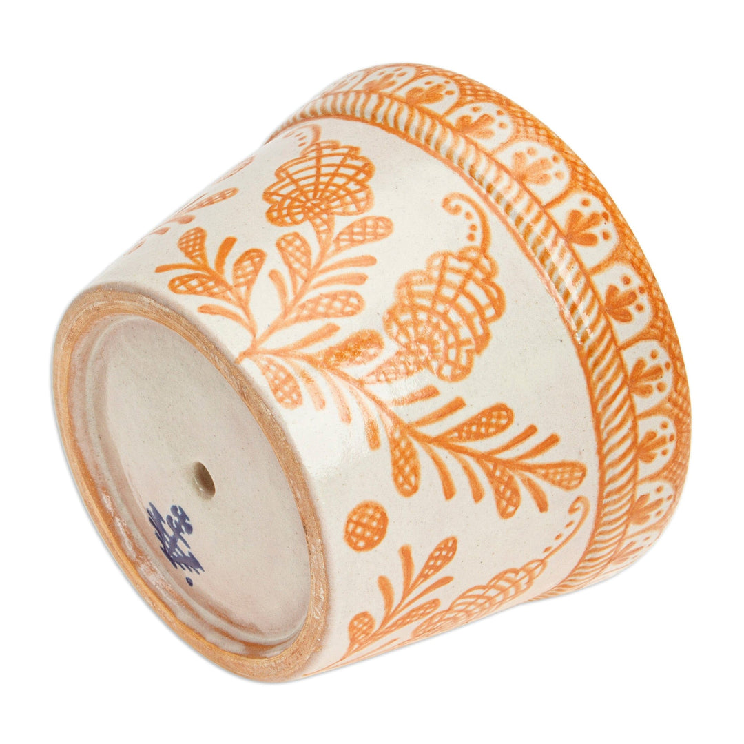 Talavera-Style Floral Ceramic Planter in Ivory and Orange - Orange Floral Mystique