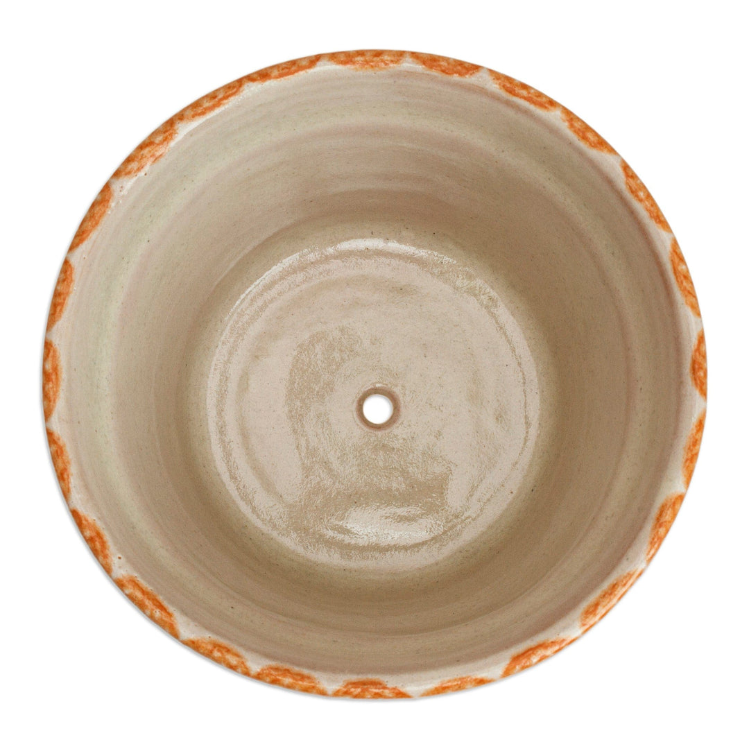 Talavera-Style Floral Ceramic Planter in Ivory and Orange - Orange Floral Mystique