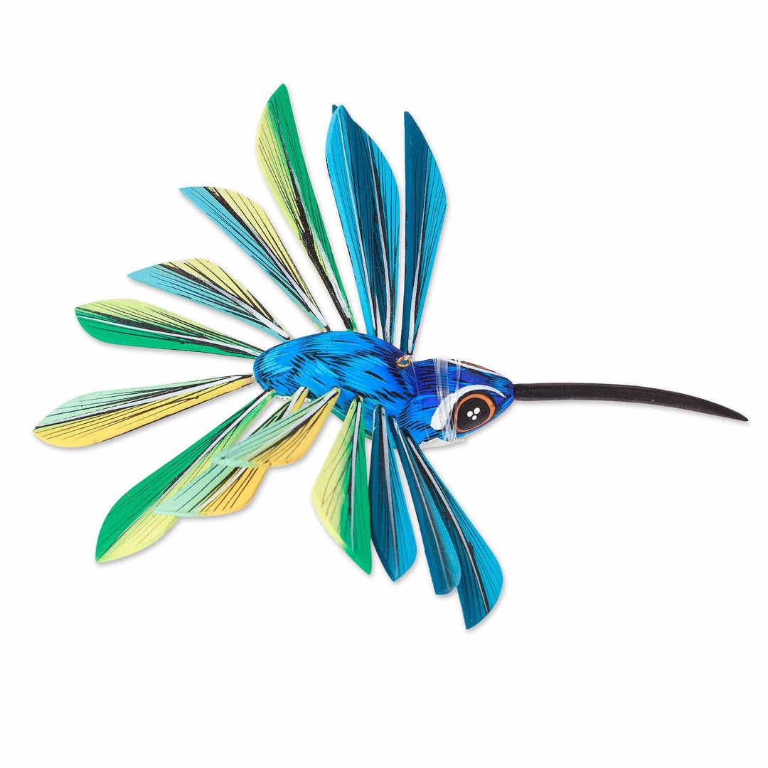 Wood Hanging Alebrije Hummingbird Sculpture in Blue - Cheerful Hummingbird