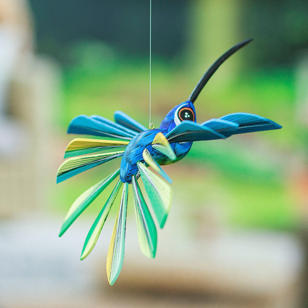Wood Hanging Alebrije Hummingbird Sculpture in Blue - Cheerful Hummingbird