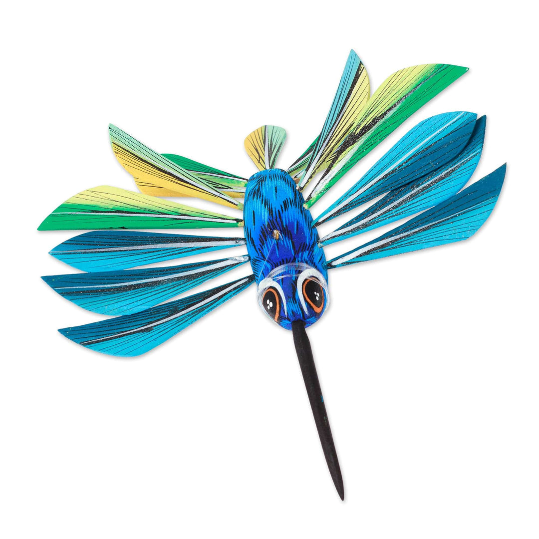 Wood Hanging Alebrije Hummingbird Sculpture in Blue - Cheerful Hummingbird