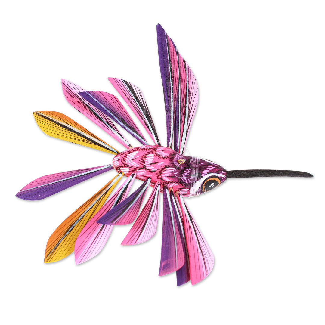 Wood Hanging Alebrije Hummingbird Sculpture in Purple - Joyful Hummingbird