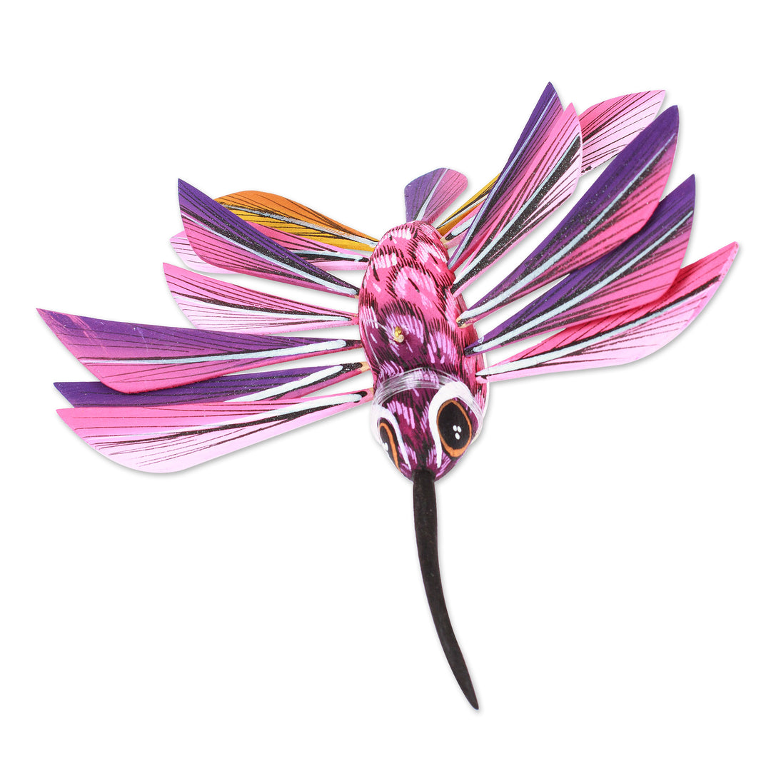 Wood Hanging Alebrije Hummingbird Sculpture in Purple - Joyful Hummingbird