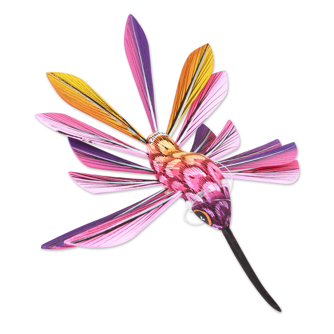 Wood Hanging Alebrije Hummingbird Sculpture in Purple - Joyful Hummingbird