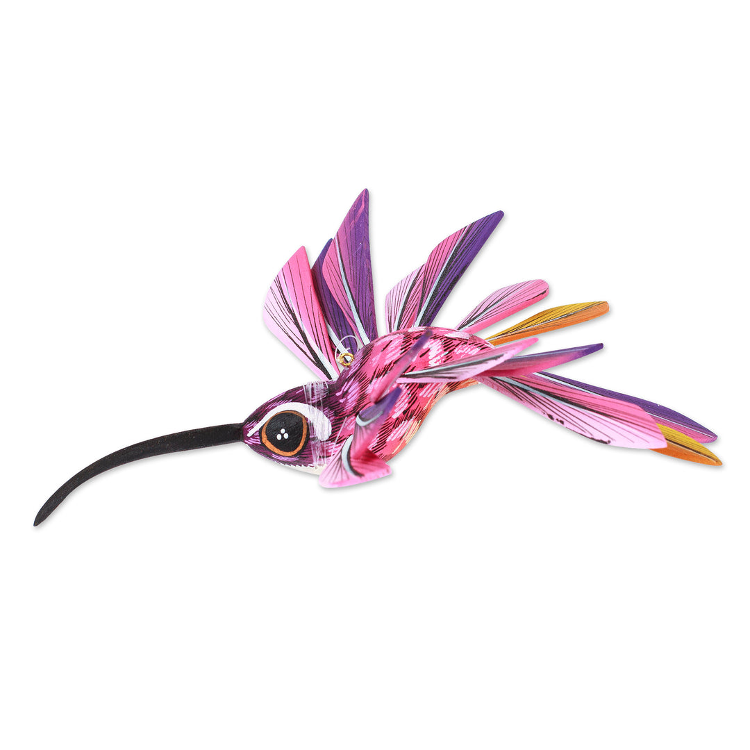 Wood Hanging Alebrije Hummingbird Sculpture in Purple - Joyful Hummingbird