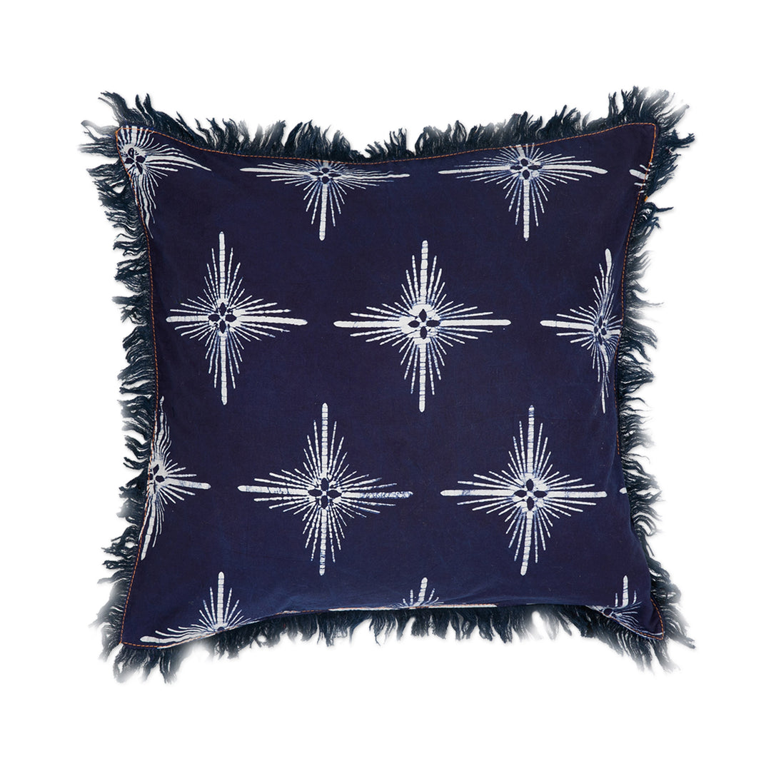 Star-Themed Midnight Cotton Batik Cushion Cover with Fringes - Brightest Midnight Star