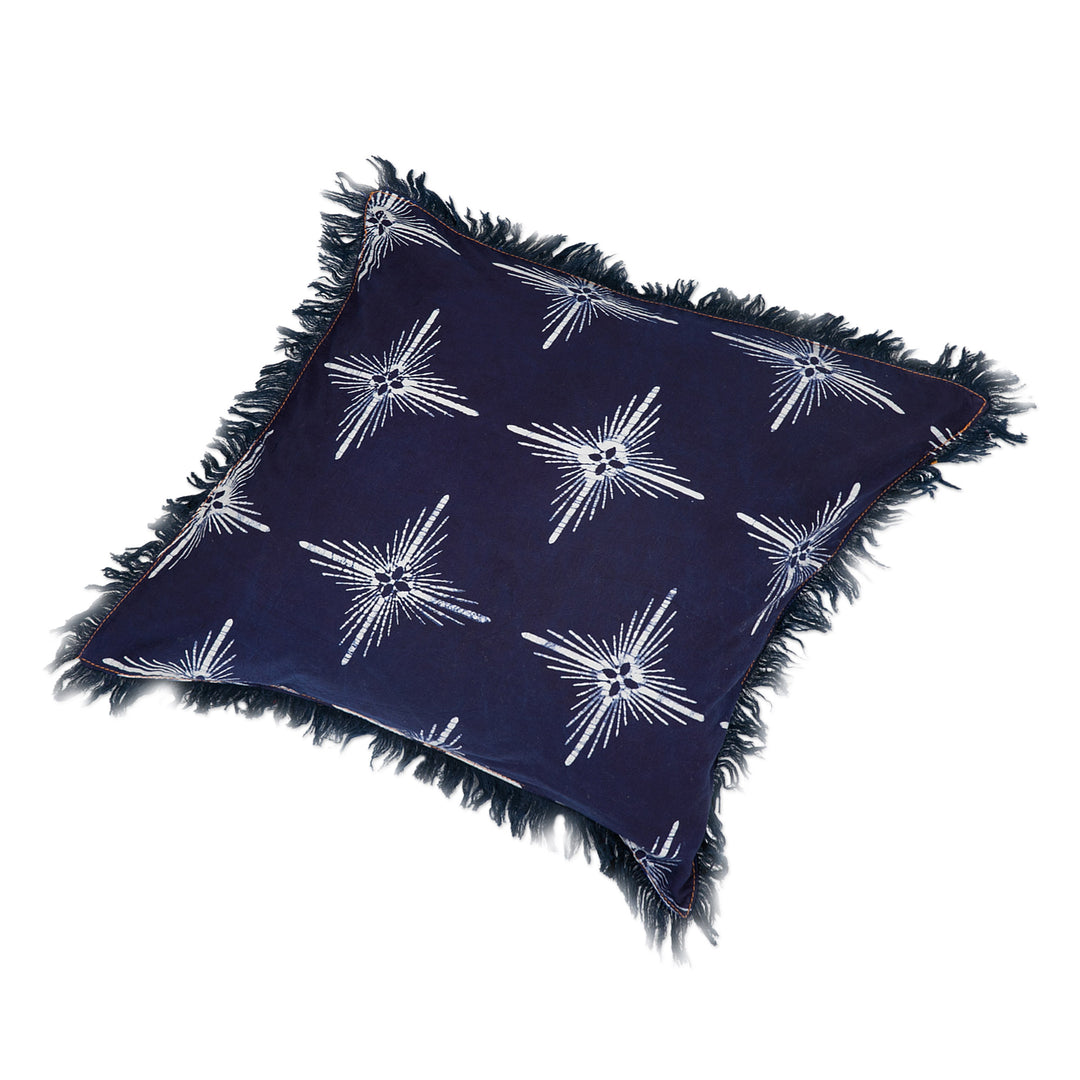 Star-Themed Midnight Cotton Batik Cushion Cover with Fringes - Brightest Midnight Star