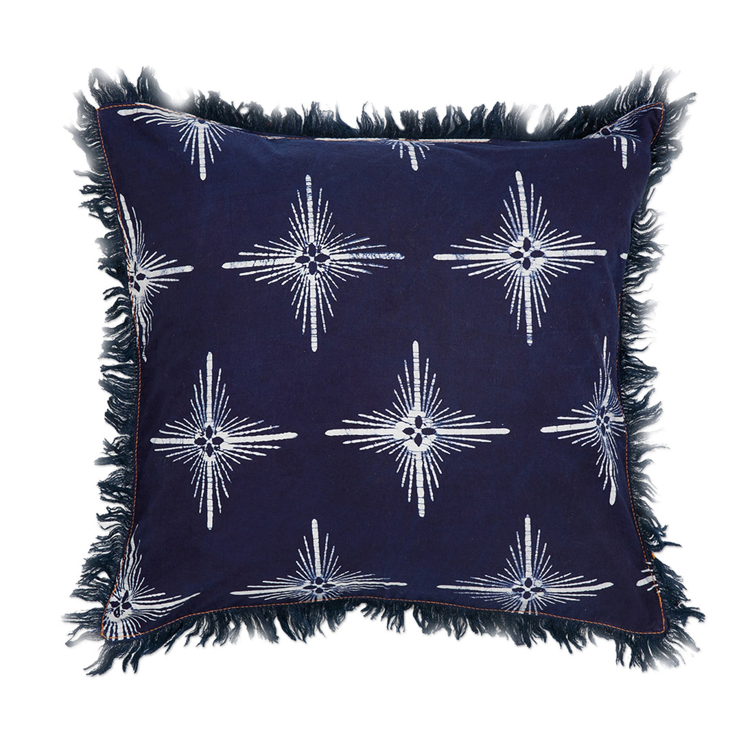 Star-Themed Midnight Cotton Batik Cushion Cover with Fringes - Brightest Midnight Star