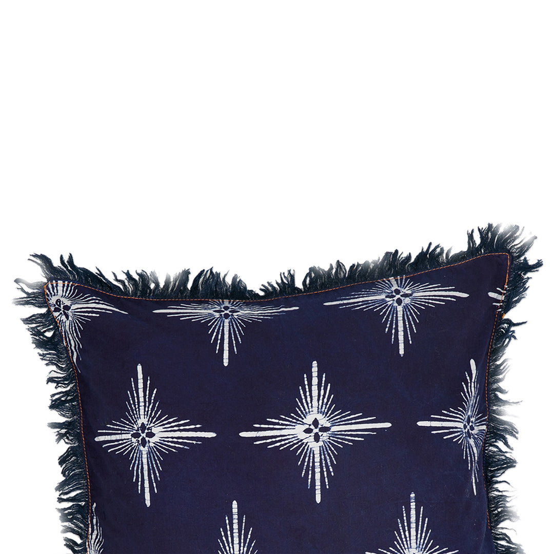 Star-Themed Midnight Cotton Batik Cushion Cover with Fringes - Brightest Midnight Star