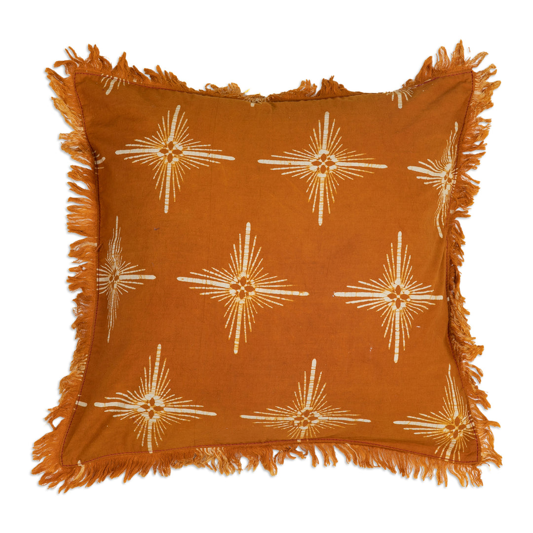 Star-Themed Saffron Cotton Batik Cushion Cover with Fringes - Brightest Saffron Star